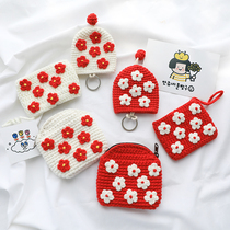 Red Mountain Tea Flower Artisanal Knit Zero Wallet Woman Cute Hair Line Key Bag Woven Coin Bag
