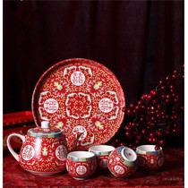 Ceramic wedding tea set tea cup set ceramic Chinese tray wedding tea cup big red happy character teapot