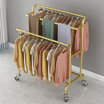  Clothing store double row double rod clothes rack floor display clothes rack Balcony bedroom hanger folding mobile pulley