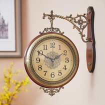 Eurostyle solid wood double-sided hanging clock living room mute two-faced clock Chinese style hanging table creative American art decoration clock