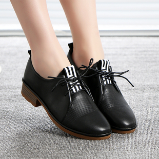 芭妮2018春季新款复古英伦系带休闲小皮鞋女深口百搭透气女单鞋