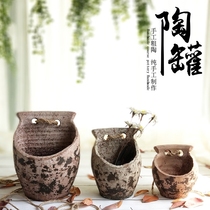 Qianmeng retro old earthen pottery pot coarse pottery flower arrangement vase antique creative special-shaped wall hanging multi-meat old pile flower pot