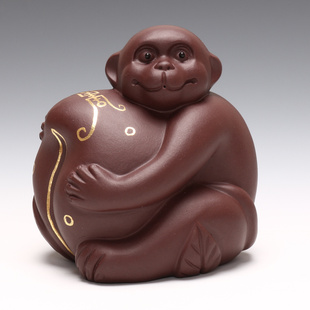 宜兴紫砂茶宠 原矿紫砂 描金猴 灵猴献桃