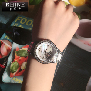 莱茵rhine优雅时尚镂空全自动机械女表白玫色镶钻陶瓷手表 r89046