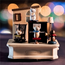 jeancard Music Box Music Box Wooden Girl Birthday Wedding Christmas Gift Cat Playing Piano Spin