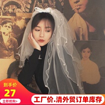 新款韩式可爱复古多层蓬蓬蝴蝶结珍珠头纱新娘结婚纱造型旅拍头纱