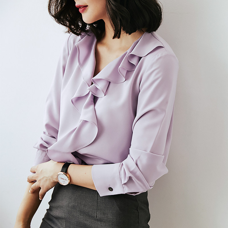 荷叶领长袖雪纺衬衫女设计感小众2019初秋女上衣轻熟优雅正装衬衣