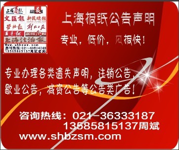 上海市级报纸广告，上海低价登报公告