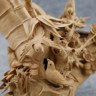 黄杨木雕刻工艺精品 花鸟 摆件纯手工天然木材制作装饰旺福收藏品