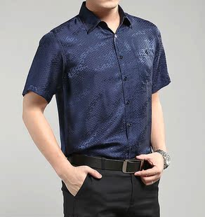 杭州丝绸桑蚕丝短袖衬衫男中年男士真丝衬衣免烫透气大码爸爸男装