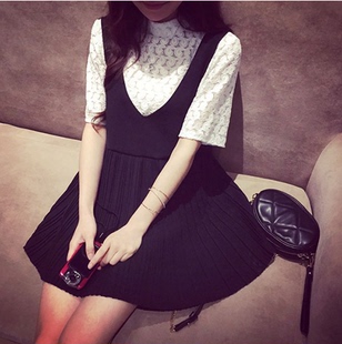 韩版潮女气质优雅超短减龄皱褶百褶连衣裙柔美雪纺鸡心领背心带裙