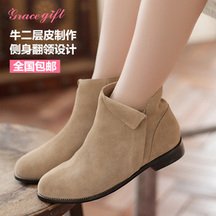 gracegift15秋冬新款真皮甜美踝靴 平底翻领侧拉链短靴 女鞋f1039