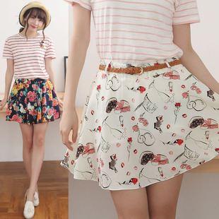 胖mm春夏季超短裙子夏装印花雪纺短裤裙裤女中学生夏天蓬蓬半身裙