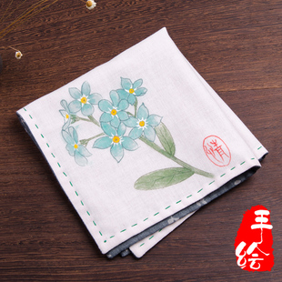 慢享家 勿忘我手绘手工吸汗手帕纯棉手绢吸水茶巾垫情侣节日礼物 新品