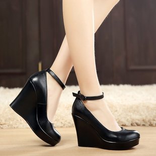 松糕鞋浅口超高跟33坡跟41码厚底鞋真皮鞋女鞋职业上班黑色女单鞋
