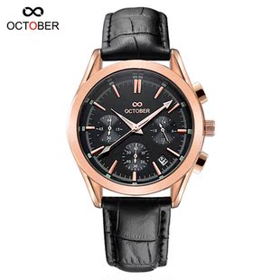 热卖october正品手表男 石英表 夜光时尚休闲商务真皮多功能复古 新品