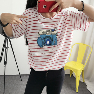 东大门新款女装短袖女t恤 韩版宽松圆领女t恤 相机图案条纹女t恤 新品