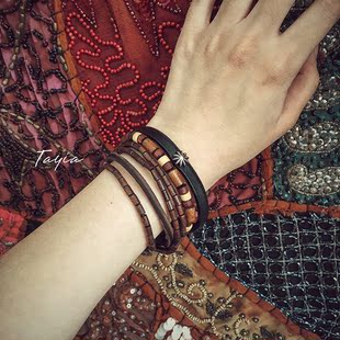 tayia独家纳瓦霍波希米亚吉普赛boho风牛皮手环木串手链牛皮手链 新品