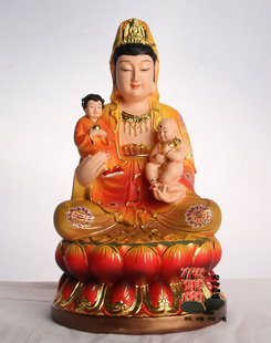 荷叶堂 古彩 彩绘坐龙凤 双胞胎送子观音佛像 观世音菩萨佛像 新品