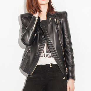 mis 2014秋冬新款千颂伊同款皮衣 耸肩修身短款机车真皮外套女 新品
