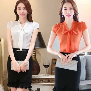 白衬衫女夏季短袖真丝面试正装银行酒店半袖工作服大码职业棉衬衣