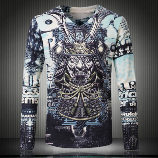 日系3d数码印花日本古武士织田信长男士针织纹身t恤长袖体恤上衣 新品