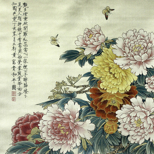 牡丹富贵和平图 真丝织锦画 真丝卷轴画 丝绸画 装饰画 中国丝绸 新品