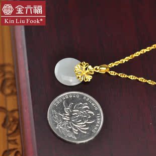 金六福 专柜正品千足金镶新疆和田白玉坠 和田白玉金花吊坠项链图片