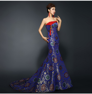 2016春季中国风抹胸旗袍大拖尾中式改良宴会晚礼服鱼尾修身主持服