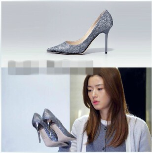 2014春 来自星星的你全智贤千颂伊尖头细跟灰色亮片高跟鞋 新品上架