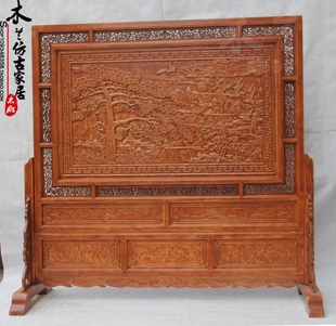 东阳木雕落地屏风实木迎客松座屏插屏 中式仿古雕刻屏风玄关隔断 新品