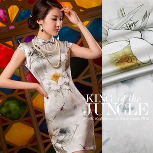荷花蜻蜓●春夏桑蚕丝服装连衣裙丝绸面料数码印花真丝弹力缎布料