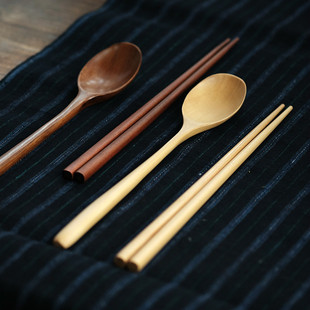 采撷舍 日式和风木质餐具饭勺调羹大漆色栗木汤勺筷子勺子套装 新品
