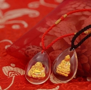 福祥珠宝999足金镶水晶观音吊坠 黄金佛吊坠 男女情侣项链吊坠 新品