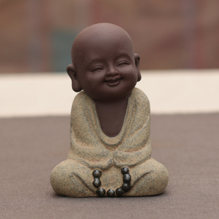 彩砂陶迷你可爱佛精品紫砂小和尚茶宠创意家居装饰品汽车内饰摆件
