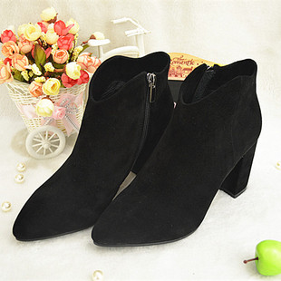 樱歌女鞋2015秋冬新款全磨砂牛精皮侧拉链百搭款粗高跟女靴1612-1