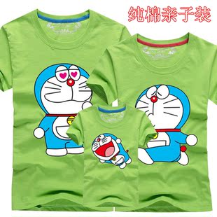 亲子装夏装2016新款一家三口全家装纯棉卡通t恤母女装哆啦a梦上衣