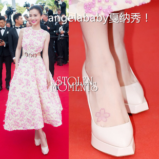 angelababy樱花纹身,angelababy纹身脚 水原希子angelababy杨颖戛纳方形防水台樱花粉浅口高跟细跟单鞋女