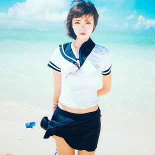 日本分体泳衣女清纯海军水手服比基尼小胸聚拢学生死库水温泉泳装