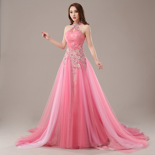 上尚婚纱礼服定制长款裙新娘敬酒服晚礼服舞台装演出服浅粉色3501