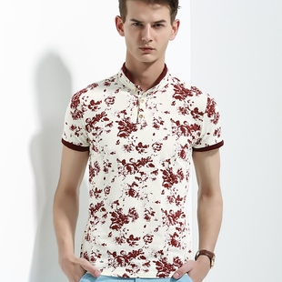 2015男装青年时尚大满花t桖韩版短袖上衣修身纯棉立领印花t恤潮男