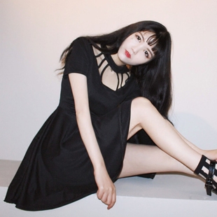 2016夏季原宿风ulzzang暗黑软妹哥特短袖连衣裙高腰日系女装学院 新品