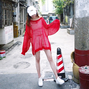 nj 夏季新款镂空透视圆领渔网针织衫套头长袖薄款罩衫防晒衣女