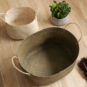 手编大草筐放孩子玩具的收纳篮椭圆形能装手提脏衣篓ins简约复古