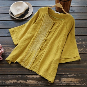 棉麻衬衫女夏季宽松大码麻质上衣服民族中国风刺绣复古盘扣亚麻衣