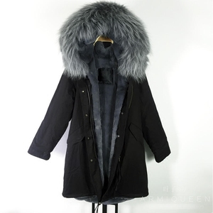 2020冬季新款 黑色皮草外套女 棉衣长款 貉子毛领灰色加厚保暖服