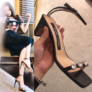 迪丽热巴宋佳同款凉鞋女2018新款夏水钻高跟鞋一字带露趾粗跟女鞋