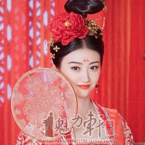 古装头饰古代贵妃头花大唐荣耀沈珍珠景甜同款大红色牡丹花发夹花