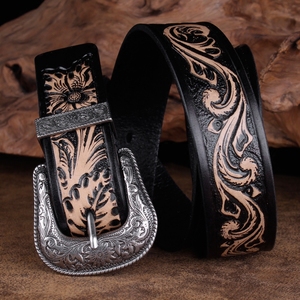 头层牛皮压花腰带唐草纹雕花针扣头皮带复古花纹裤带真皮植鞣皮带