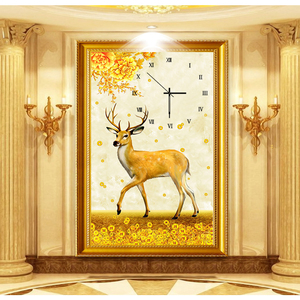 十字绣2018新款客厅钻石绣夜光钟表欧式竖版发财鹿钻石画挂钟套件